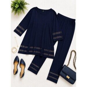 IC by Connie K Deep Navy 2PC Set Tunic Top & Pants Sheer Detail Minimalist